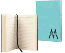 A blue notebook with a black strap on the side.