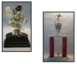 Two trophies are shown side by side, one with a statue on top.