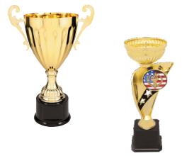 Two gold trophies with a black base and one is in the shape of an american flag.